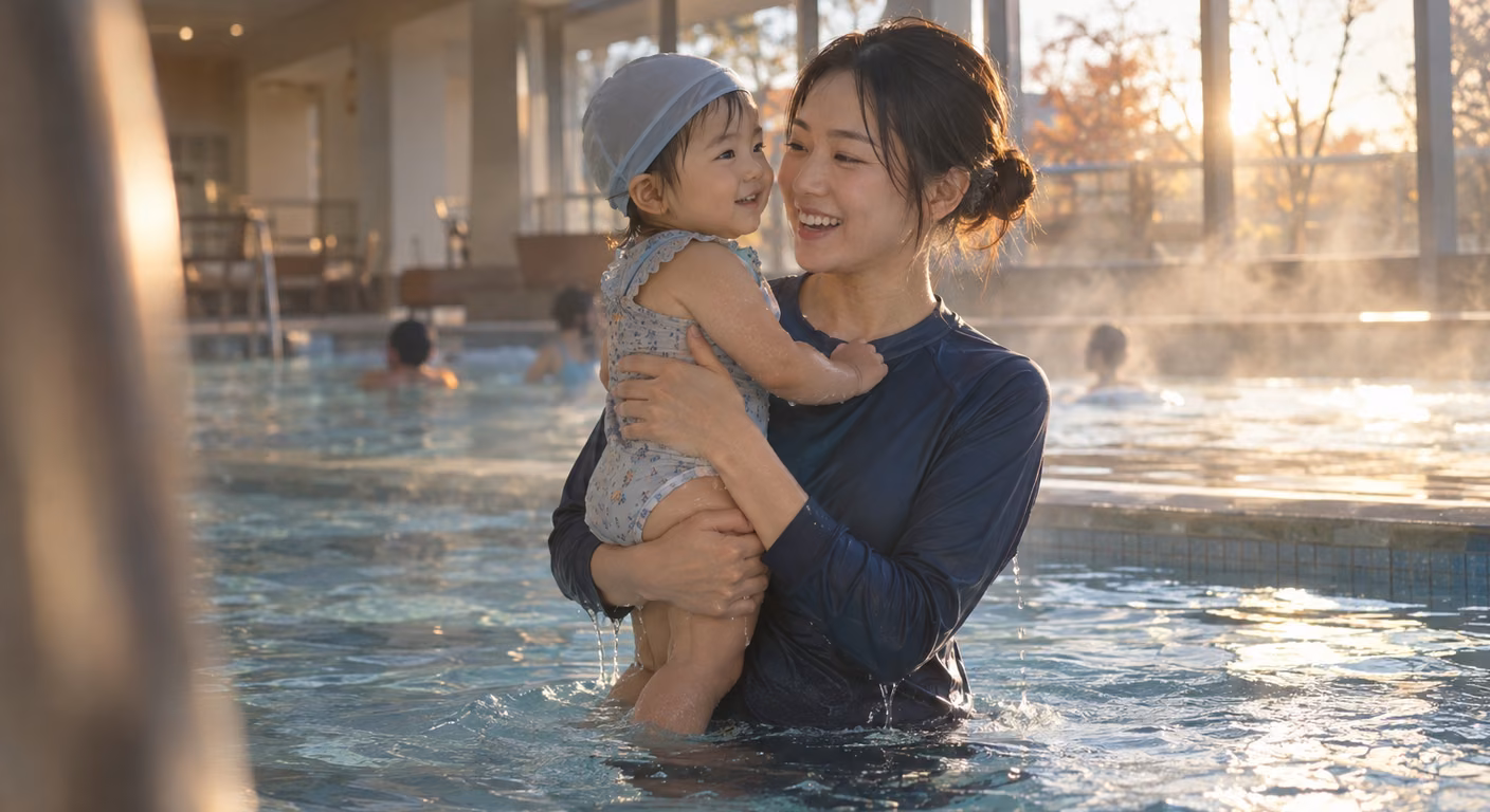 屋内の温水プールの浅い場所で、前開きのない紺の長袖ラッシュガードを着た女性が水泳帽の幼い子どもを胸に抱き上げている