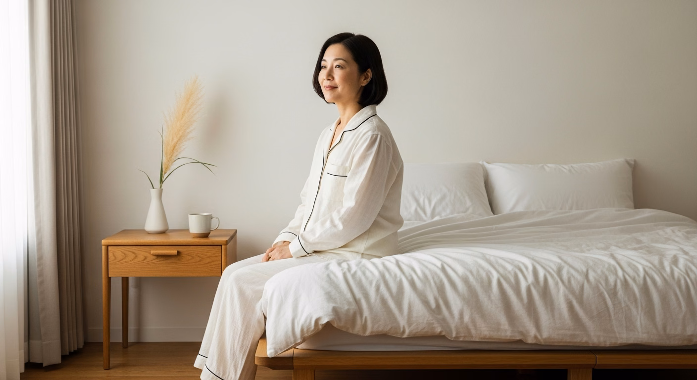 お腹まわりを目立たせない装いの視点｜落ち感のある素材と縦の抑揚の整え方