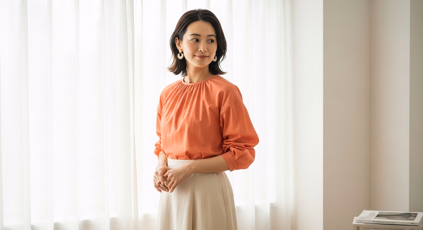 窓辺の自然光で、白い紙を顔の下に置いて肌の色みを確かめている女性