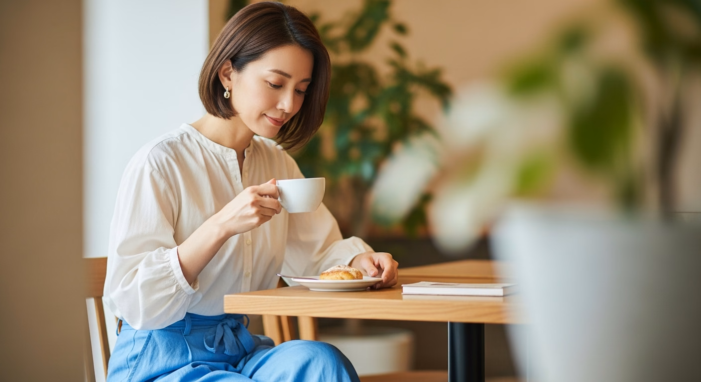 30代の日曜午前ブランチコーデ｜カフェカウンターで穏やかに整える装い