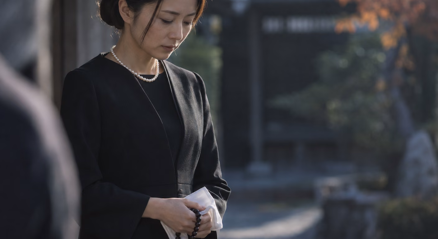 黒の喪服に一連のパールを着け、髪を低い位置でまとめた女性が、白いハンカチと数珠を手に寺の境内でうつむく秋の午後