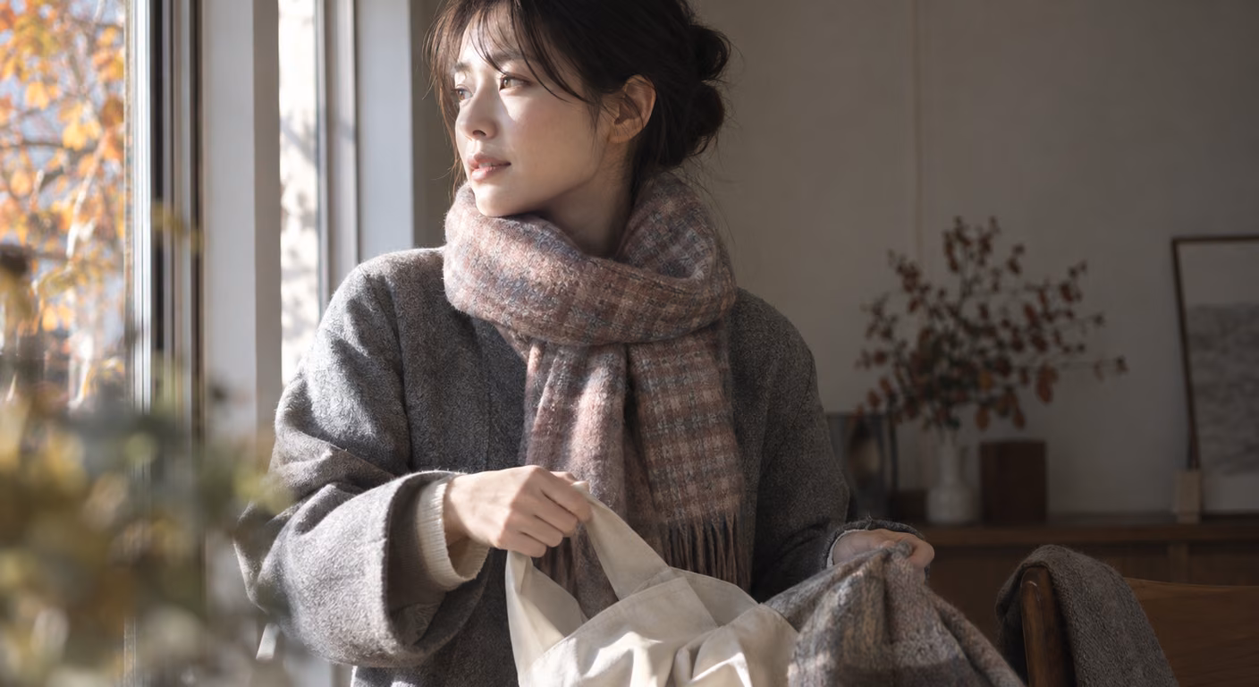 窓辺でグレーのコートの首元に、くすんだピンクとグレーのチェックの起毛マフラーを巻いた女性