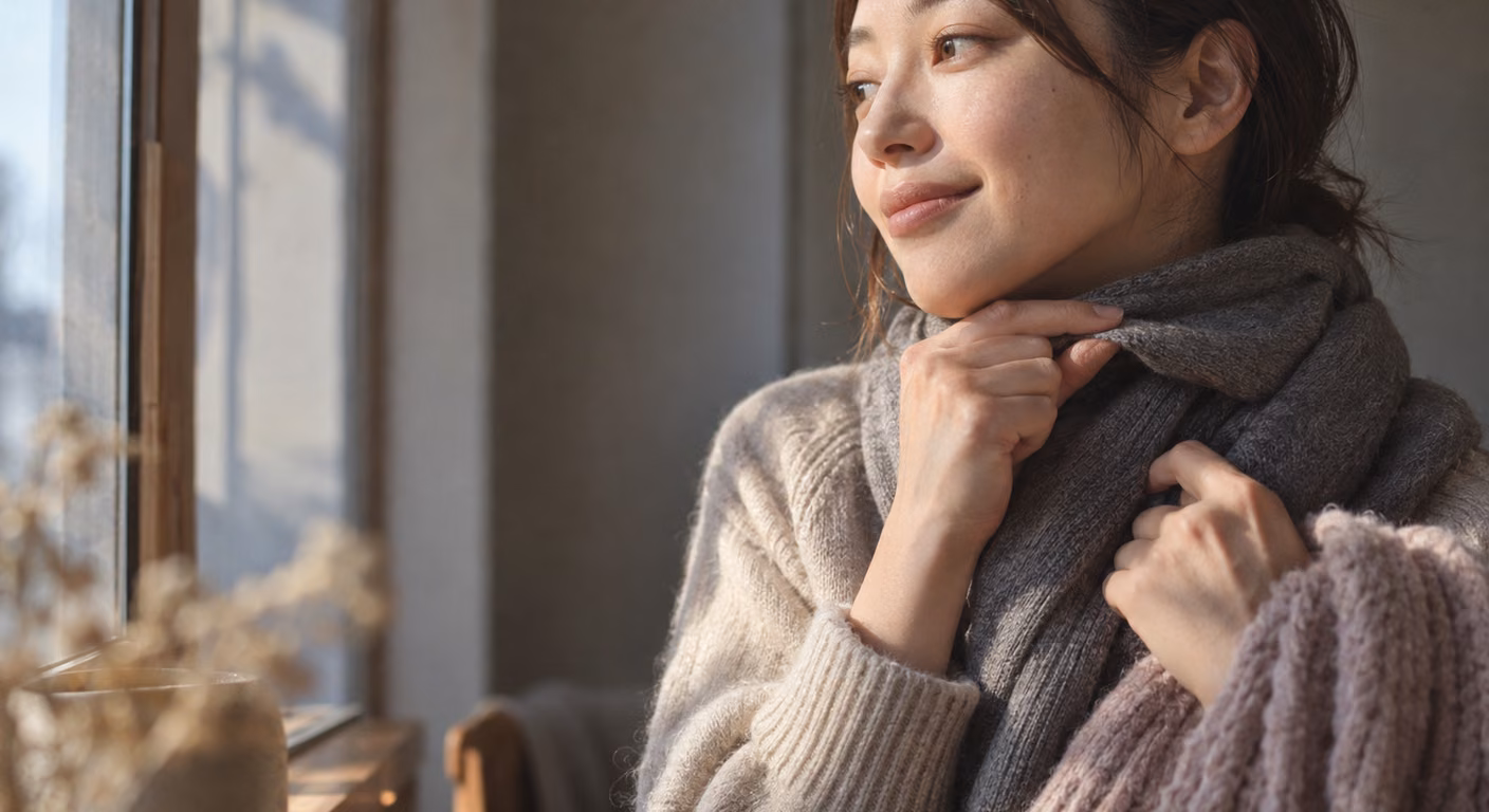 首にグレーのマフラーを巻き、腕にピンクベージュのマフラーをかけた女性の首元と手元