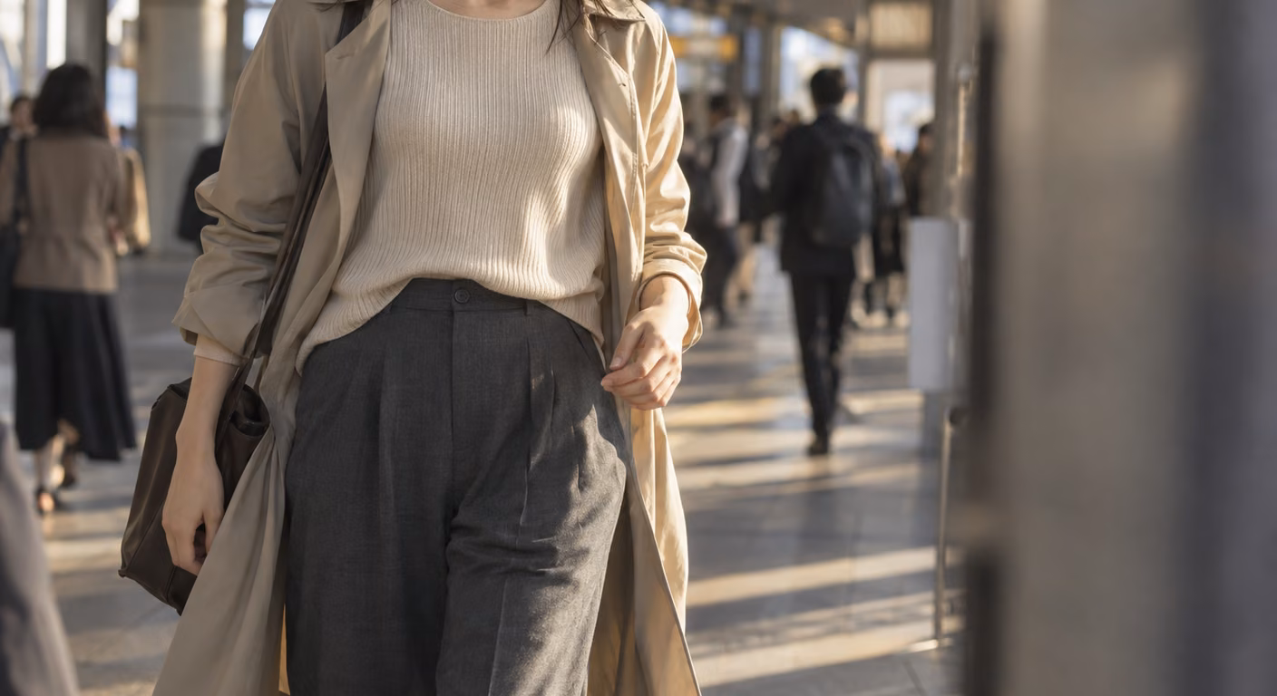 アイボリーの薄手リブニットの前だけをチャコールのワイドパンツに入れ、脇の裾を出して駅の通路を歩く女性の、鎖骨から膝までの姿