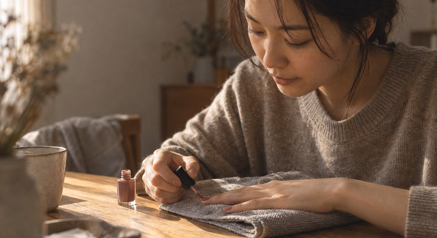 たたんだタオルの上に利き手を置き、もう片方の手で筆を短く持って爪に落ち着いた色をのせている途中の手元