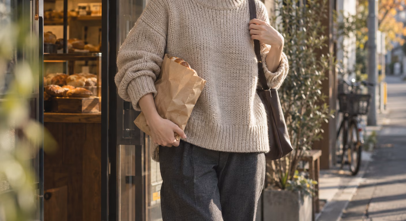 肩の縫い目が肩先より外へ落ちたオートミール色のざっくりしたニットに、グレーのワイドパンツを合わせ、パンの袋を抱えてパン屋の前を歩く女性の首元から膝まで