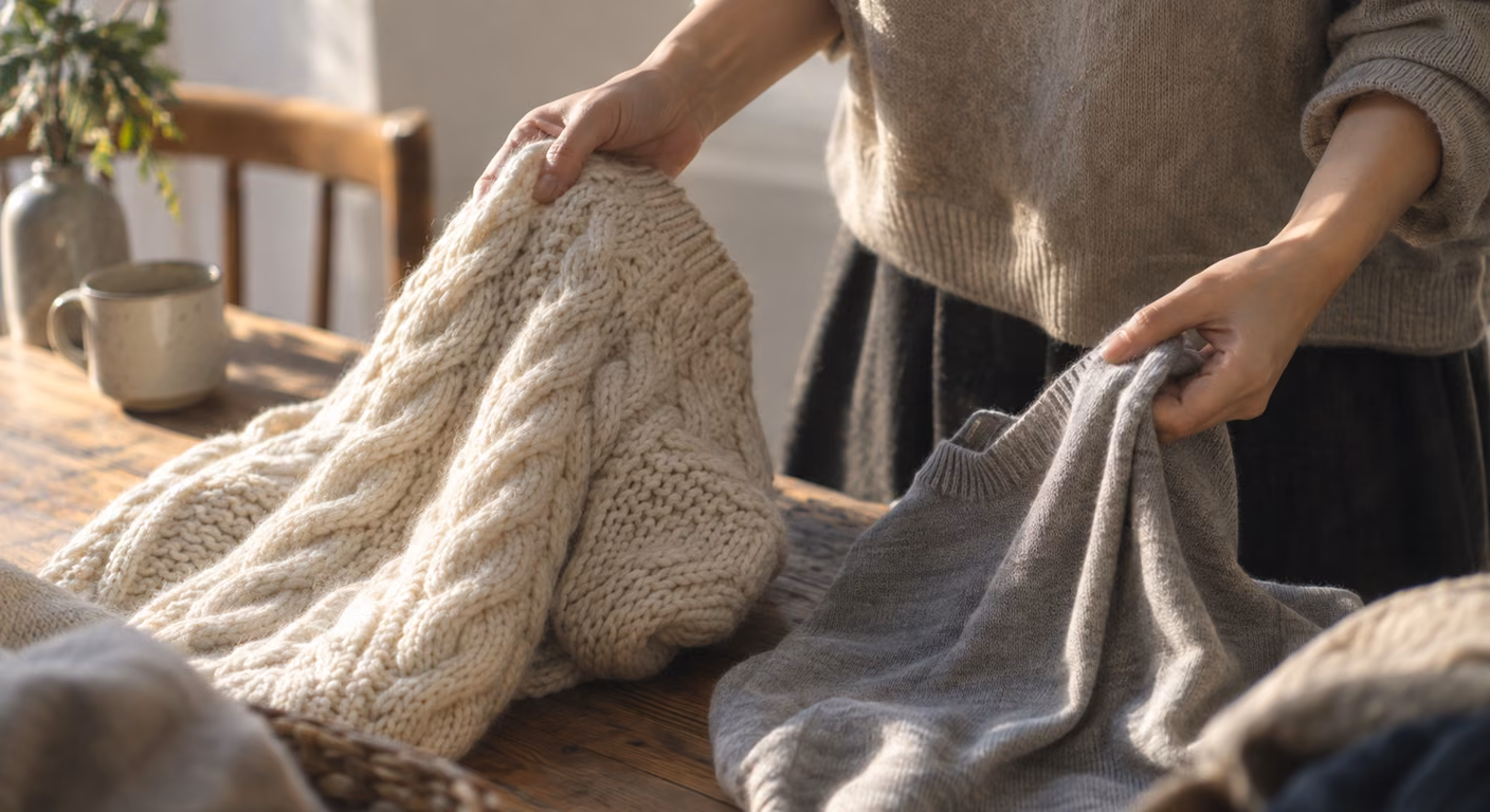 厚みの違う2枚のニットを机の上で手に取り、生地の重さを比べている手元