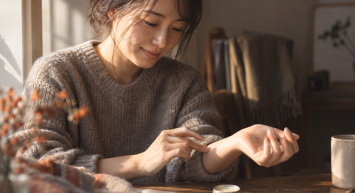 窓際の光の中で、長袖をすこしまくった手首の内側に指先で練り香水をなでつける女性の手元