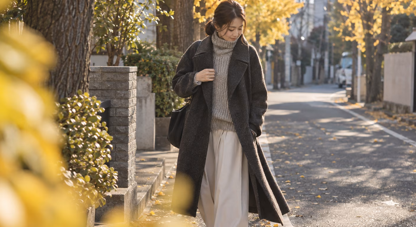色づいたいちょう並木の住宅街で、厚手のチャコールのウールコートを羽織った女性が振り返りながら肩の落ち方を見下ろしている
