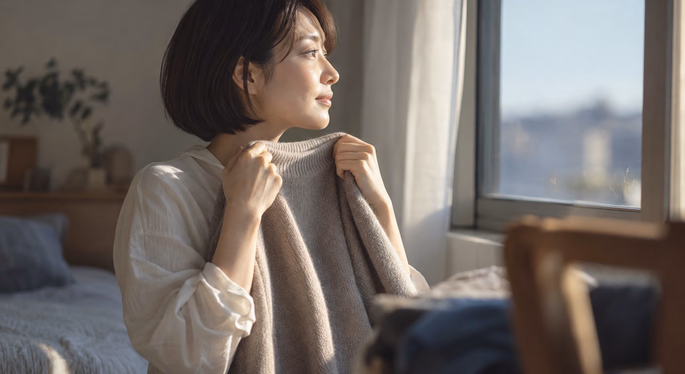 顎の長さに短く切ったばかりの髪の女性が、部屋の窓辺で手持ちのニットを顔の下に当てて、首元の見え方を確かめている横顔