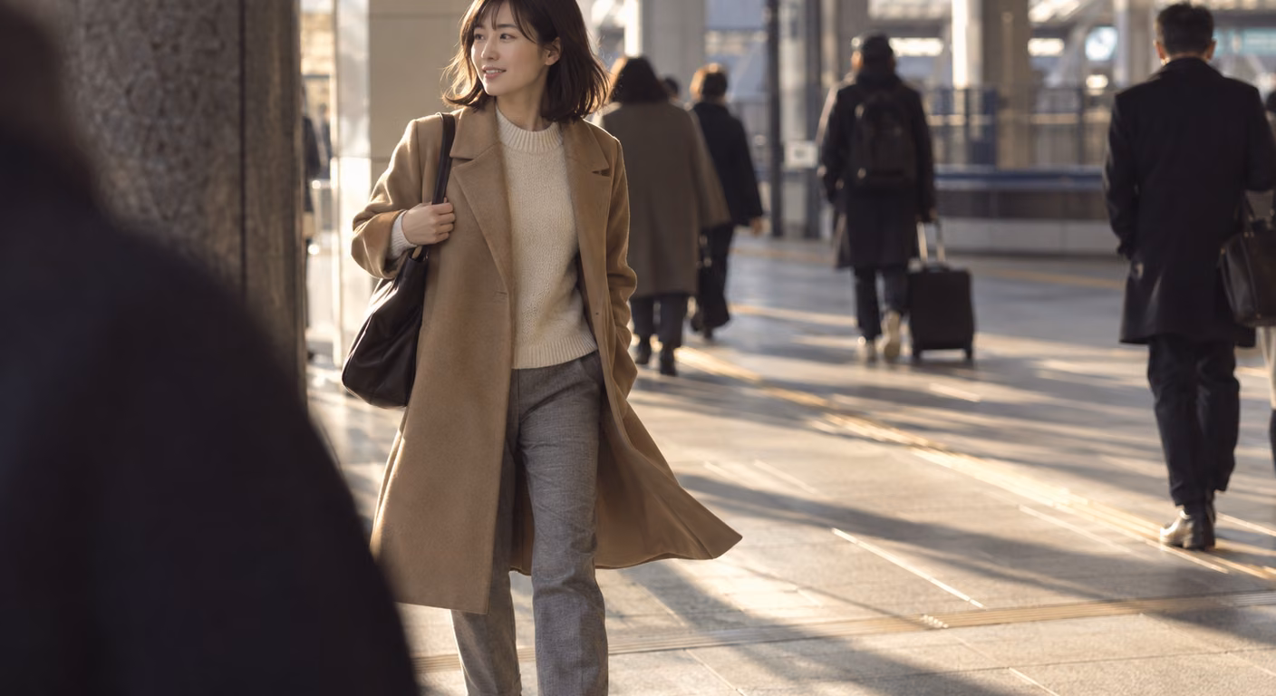 膝下で止まるキャメルのウールコートを着た小柄な女性が、駅の通路で振り返り、コートの裾が揺れている