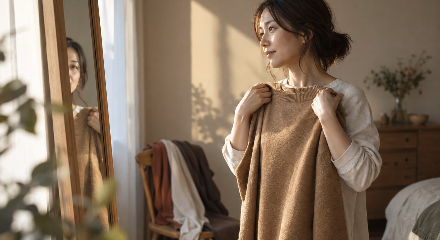 姿見の前でキャメルのニットを胸に当て、鏡に映った自分の顔を確かめている女性