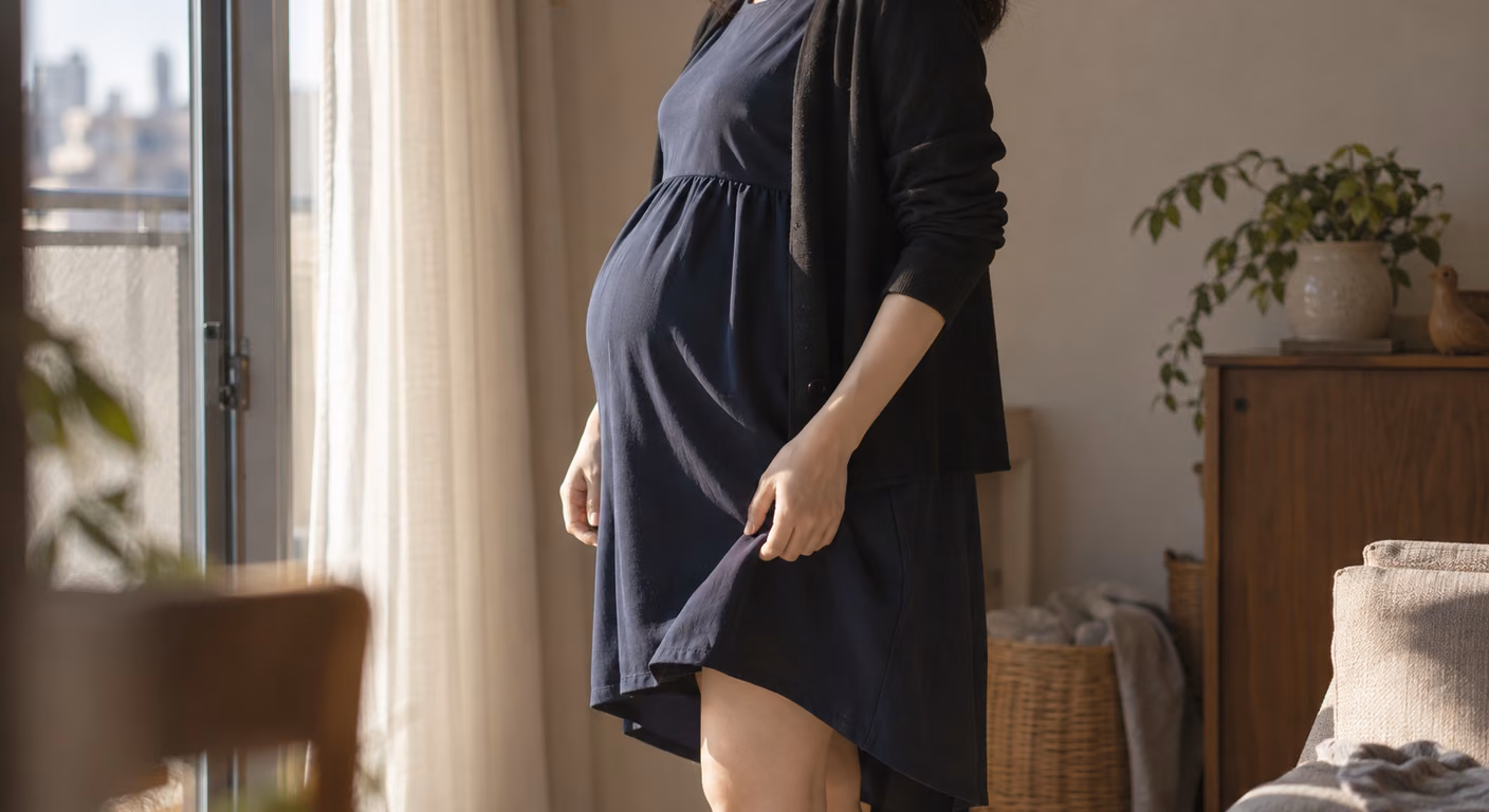 胸の下に切替のある紺のワンピースに黒いカーディガンを重ねた妊娠中の女性が、窓辺で横向きに立ち、前裾を指でつまんで丈を確かめている