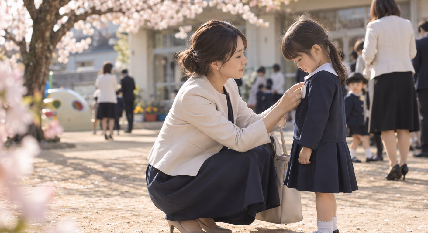 桜の咲く園庭で、紺のワンピースに生成りのノーカラーの上着を重ねた女性がしゃがみ、制服姿の子どもの胸元を直している