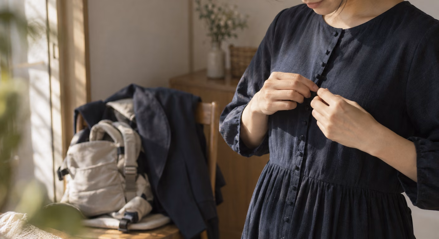 前に小さなボタンが縦に並ぶ紺のワンピースのボタンを留める女性の手元。横の椅子に、たたんだ抱っこ紐と紺の上着が掛けてある