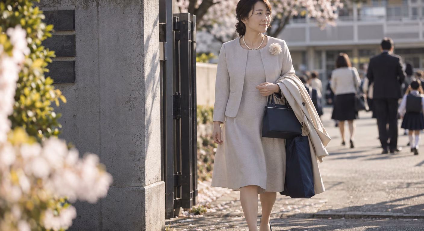 桜の咲く小学校の門を、グレージュのノーカラージャケットとワンピースにパールとコサージュを付けた母親が、紺のバッグと手提げを持って歩いている朝