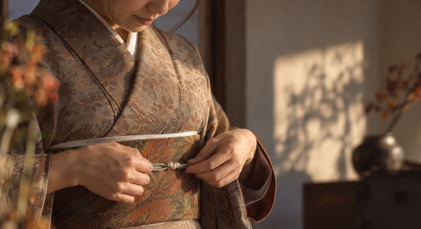 茶と緑の柄の帯を締めた秋色の着物の正面で、女性の指先が帯締めに付いた小さな金属の飾りを帯の中央に押さえている