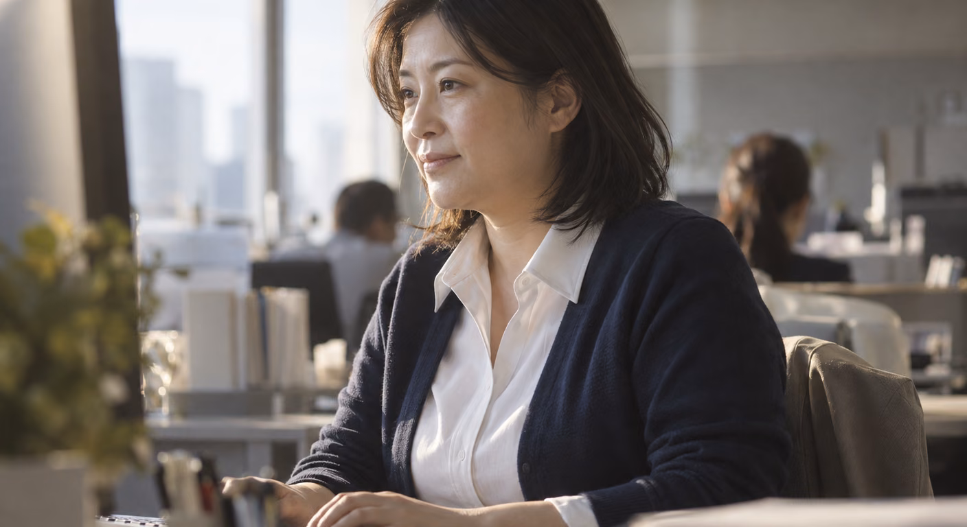 オフィスの机でキーボードを打つ40代の女性。白いシャツの第1ボタンを開け、紺のカーディガンの袖を手首の少し上で止めている