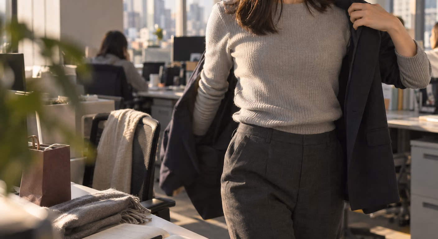 冬のオフィスの席の横で、薄いグレーの長袖ニットにチャコールのパンツを合わせた女性が、紺のジャケットを肩にかけて羽織ろうとしている。机には小さな紙袋とたたんだグレーのストール