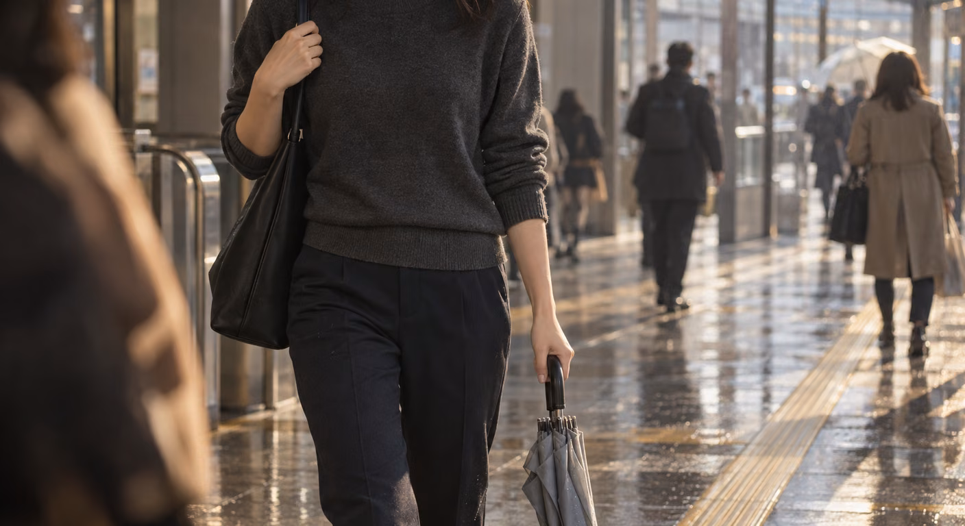 駅の構内で、濃い紺のくるぶし丈のパンツに灰色のニットを着た女性が、畳んだ濡れた傘を手に歩いている