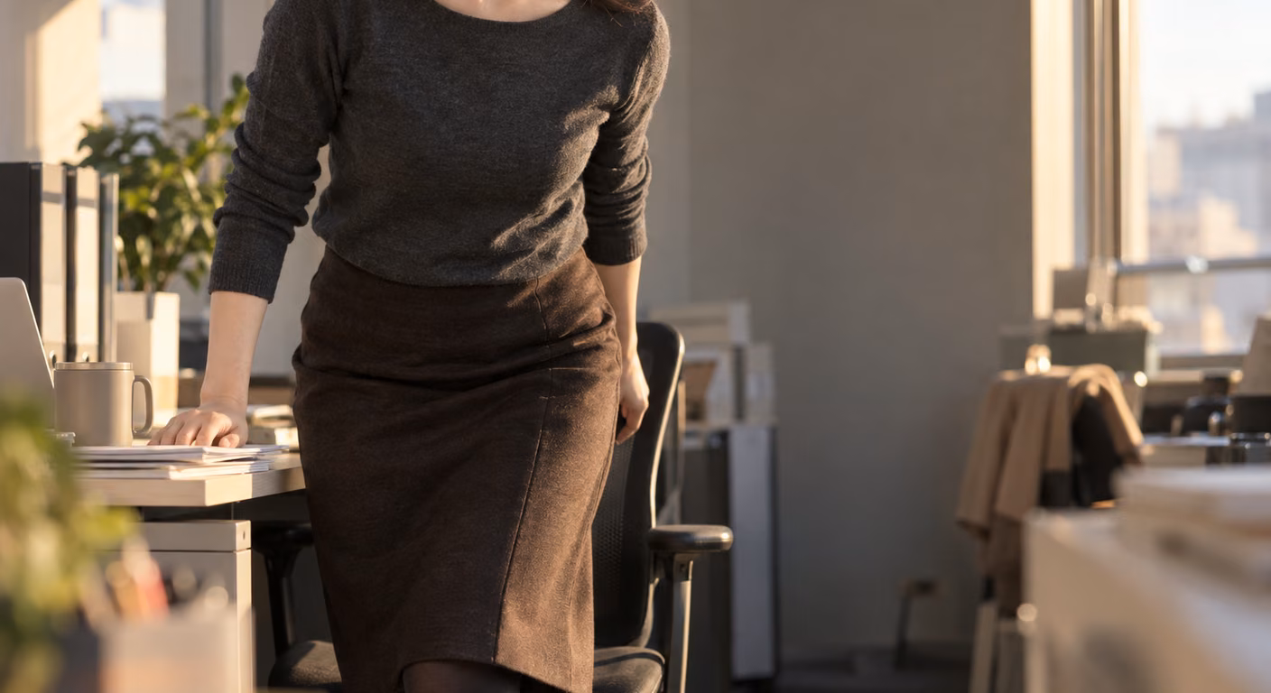オフィスのデスクから立ち上がる女性の首から膝まで。チャコールのニットと膝丈の焦げ茶のウールスカートに黒いタイツを合わせ、裾が脚からきれいに離れて落ちている