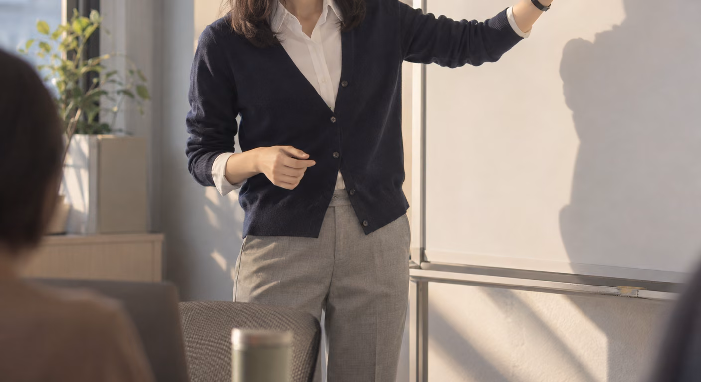 オフィスカジュアル レディース｜人前で話す日は離れた席から見て選ぶ