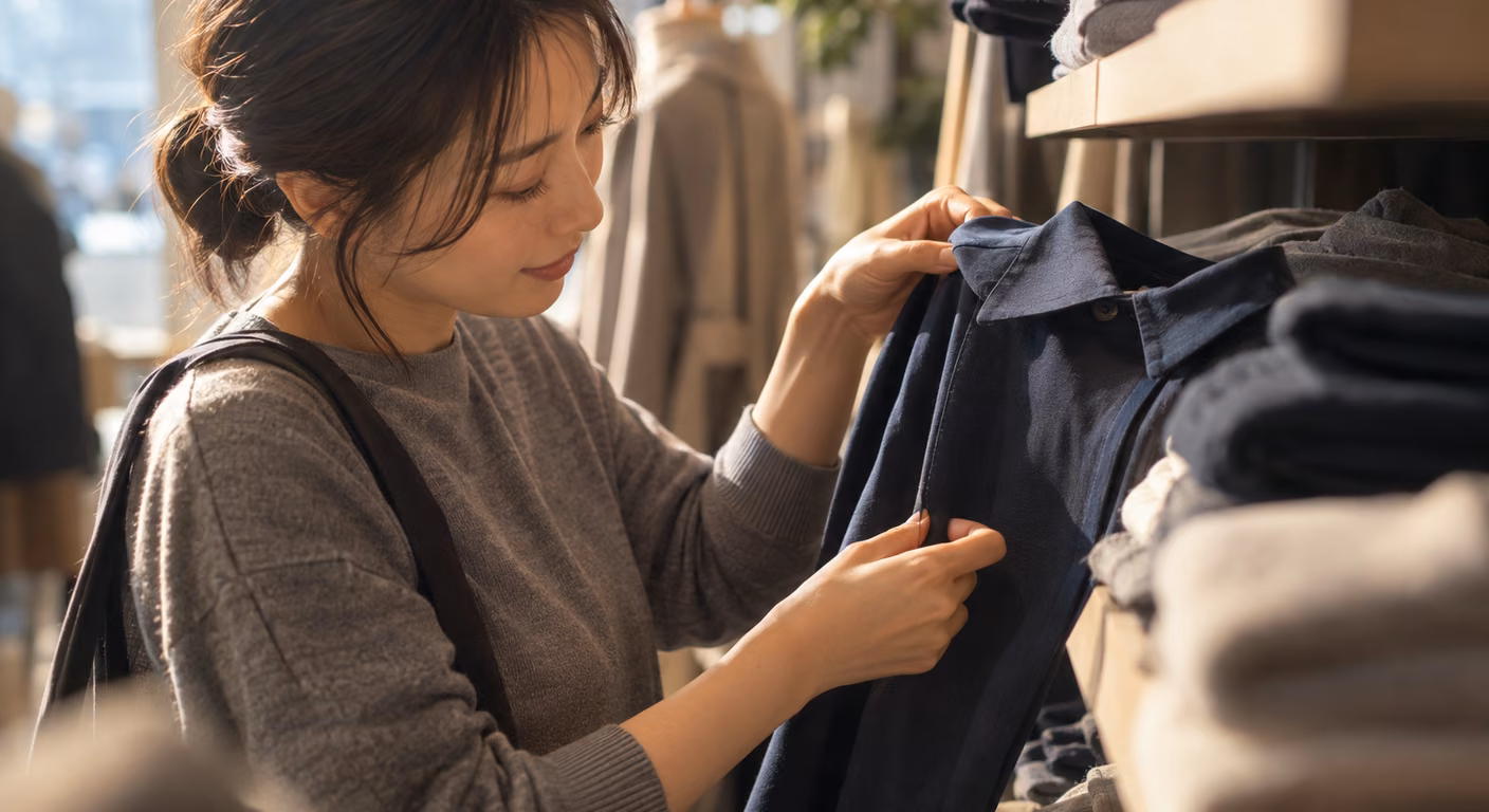 売り場の棚の前で、紺のシャツの襟と前立てを指先でつまんで確かめている女性