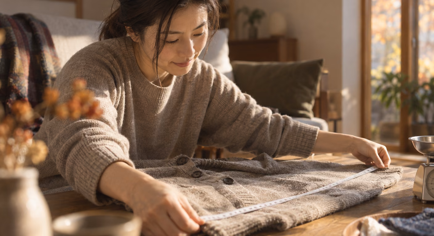秋の午後の居間の木の机で、女性がボタンの大きなグレーベージュのカーディガンを平らに広げて布の巻き尺で測っていて、机の端に台所のはかりが置いてある