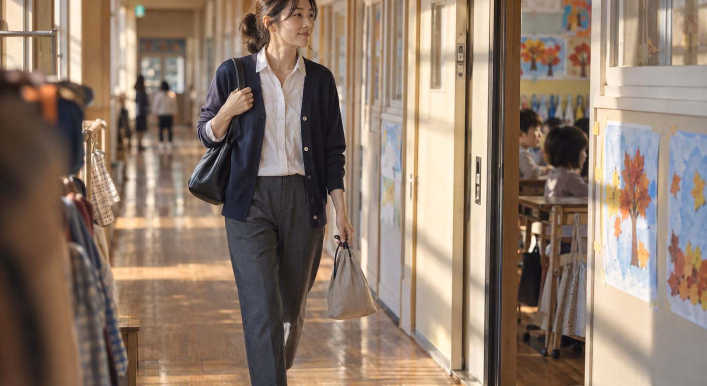 秋の小学校の廊下を、紺のカーディガンに白い襟付きシャツとグレーのパンツで、室内履きの袋を手に教室へ向かう母親