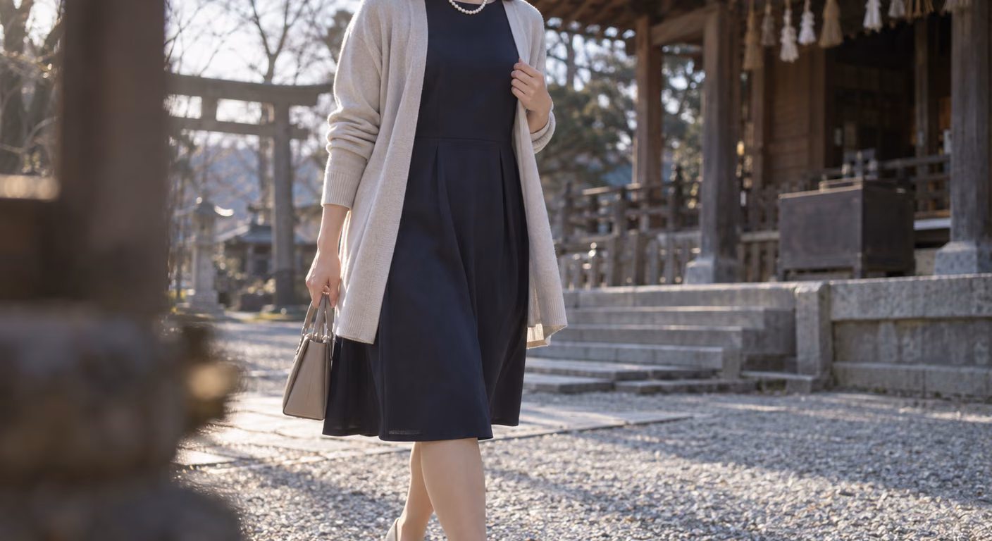 冬の神社の境内で、濃紺のワンピースに淡いグレージュの羽織りとパールを重ねた女性の胸元から膝までの着姿
