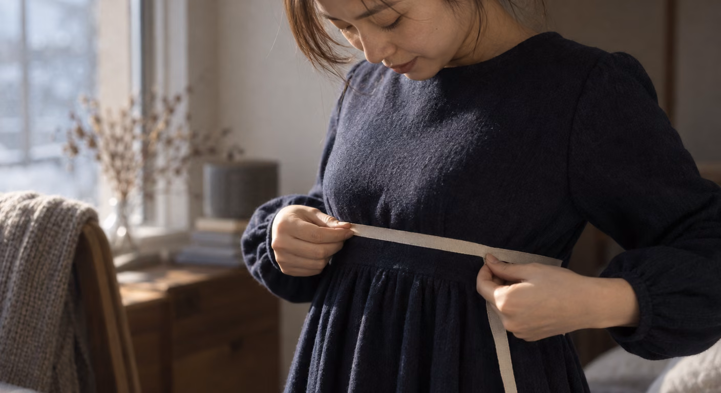 冬の室内で、紺色のワンピースの胸の下に布のメジャーを回して寸法を確かめている女性の手元