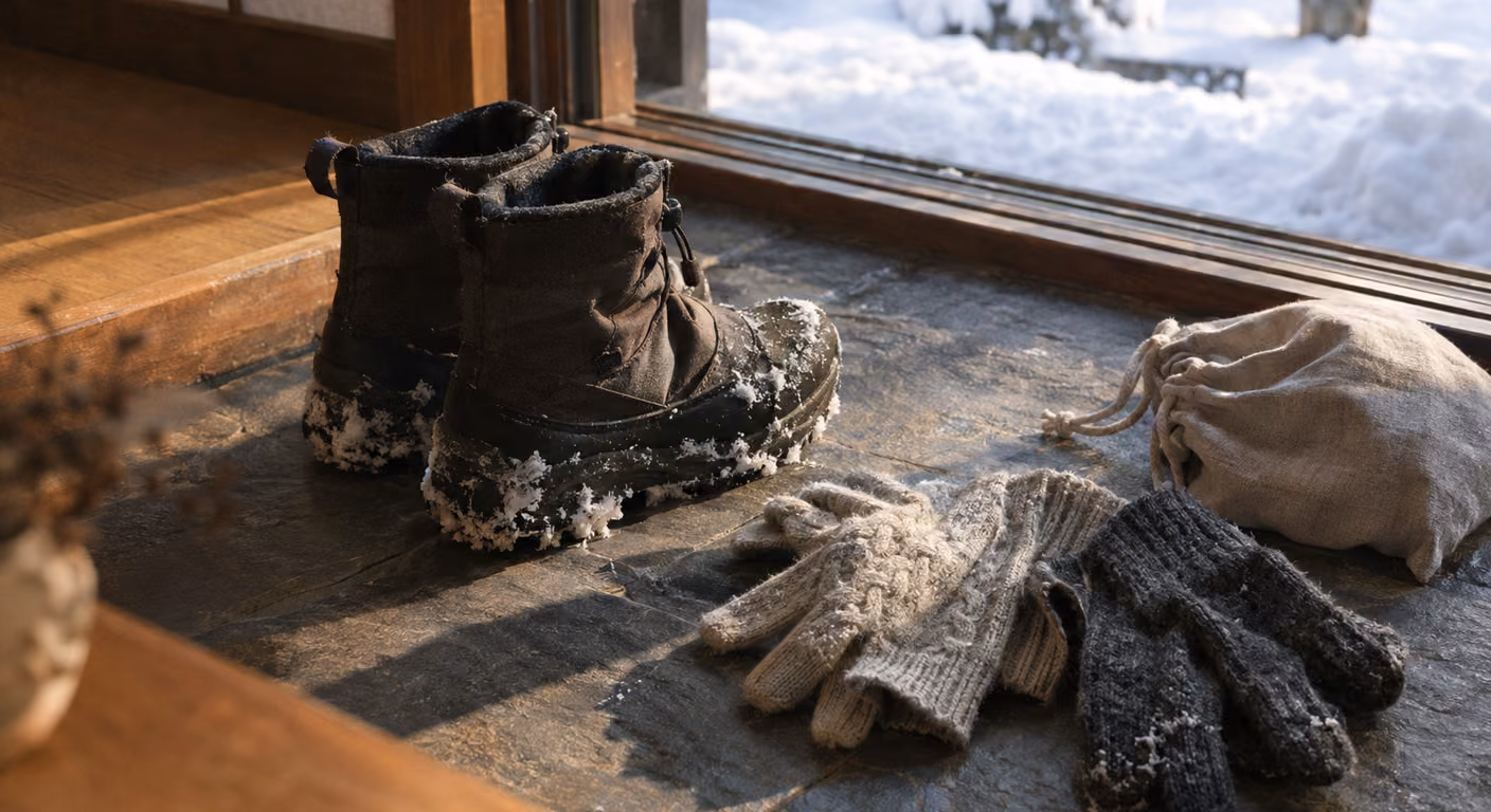 雪の積もった庭が見える宿の玄関の土間に、底に雪のついた焦げ茶のブーツと、生成りと灰色の毛糸の手袋が二組、口を絞った麻の巾着袋が置かれている