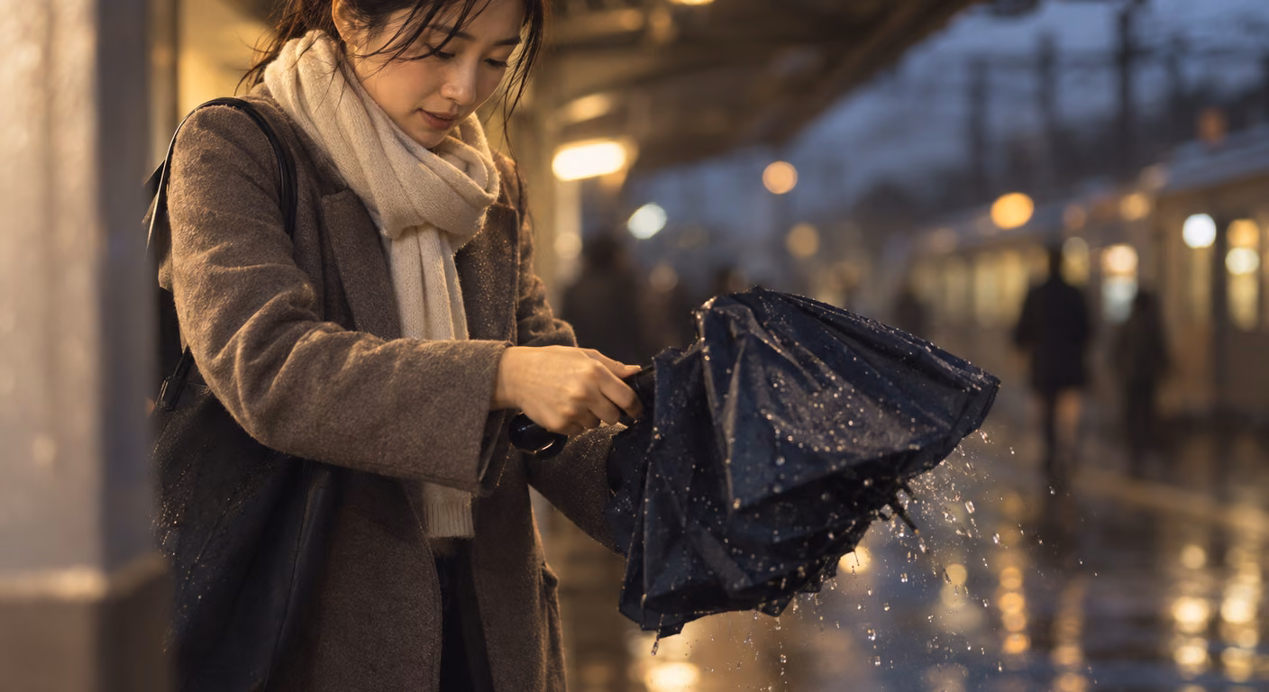 駅の屋根の下で、雨に濡れた紺色の折りたたみ傘を半分すぼめて、しずくを払っている手元
