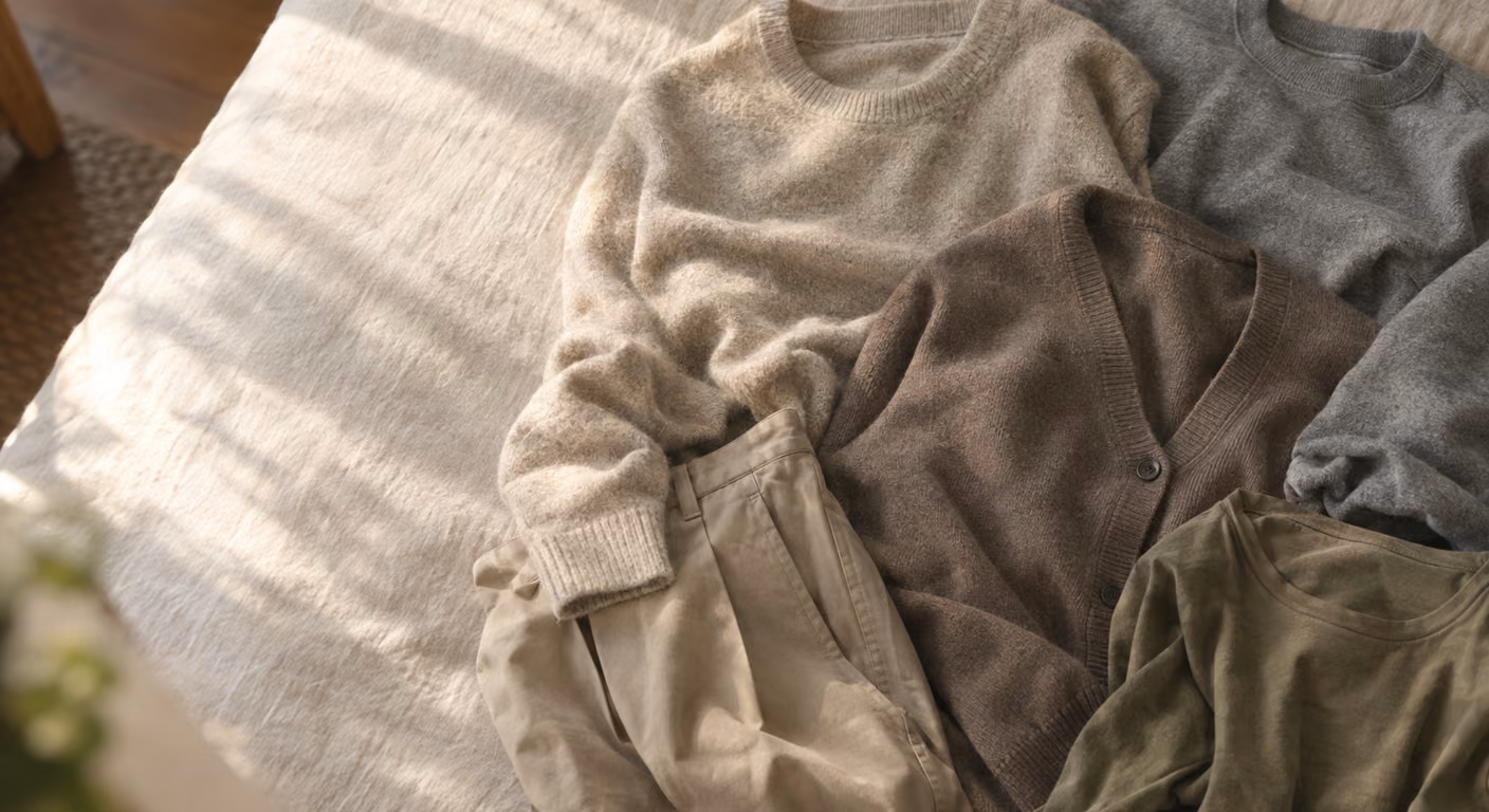 ベッドの上に重なって置かれた、よく着る秋服5枚。オートミールのニット、グレーのスウェット、トープのカーディガン、ベージュのパンツ、カーキの長袖。どれも明るさが近く、光沢のない表面