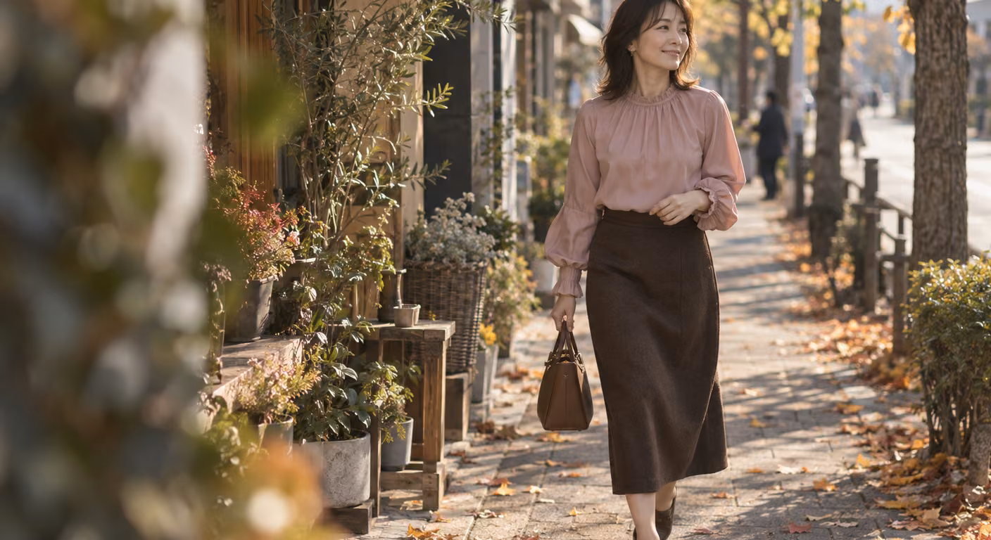 大人可愛い服40代の秋コーデ｜甘さの出どころと、反対側に置く1枚