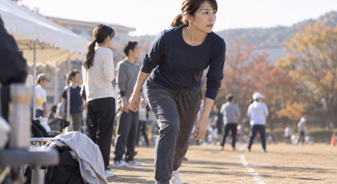 秋の校庭で、紺の長袖と濃い灰色のストレッチパンツにひもの運動靴をはいた女性が、リレーのスタートに向けて体を前に傾けている