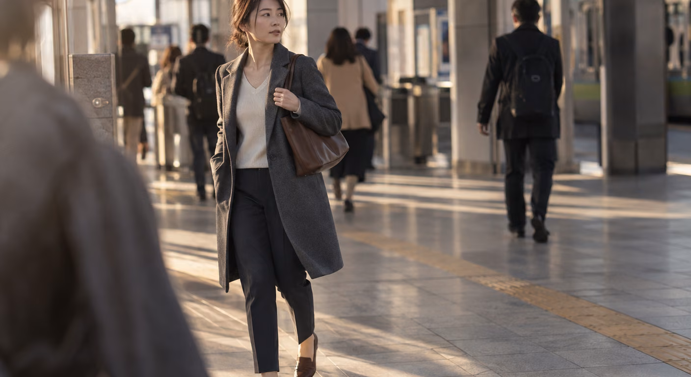 小柄な女性が、膝が少し隠れる丈の細い襟のコートを着て、駅の通路を振り返りながら歩いている