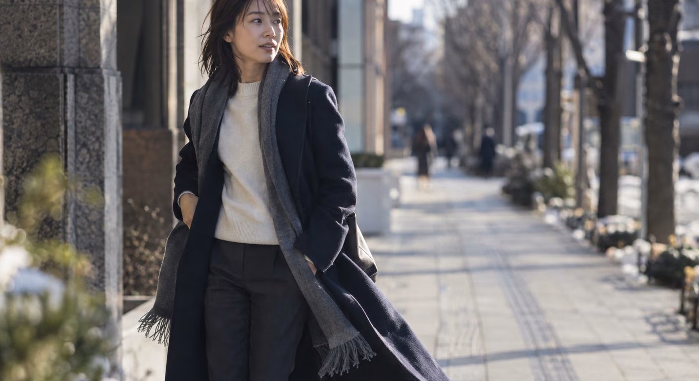 冬の街を歩く女性。深い色の厚手のウールコートの前を開け、首元に明るい色の薄手ニットがのぞいている