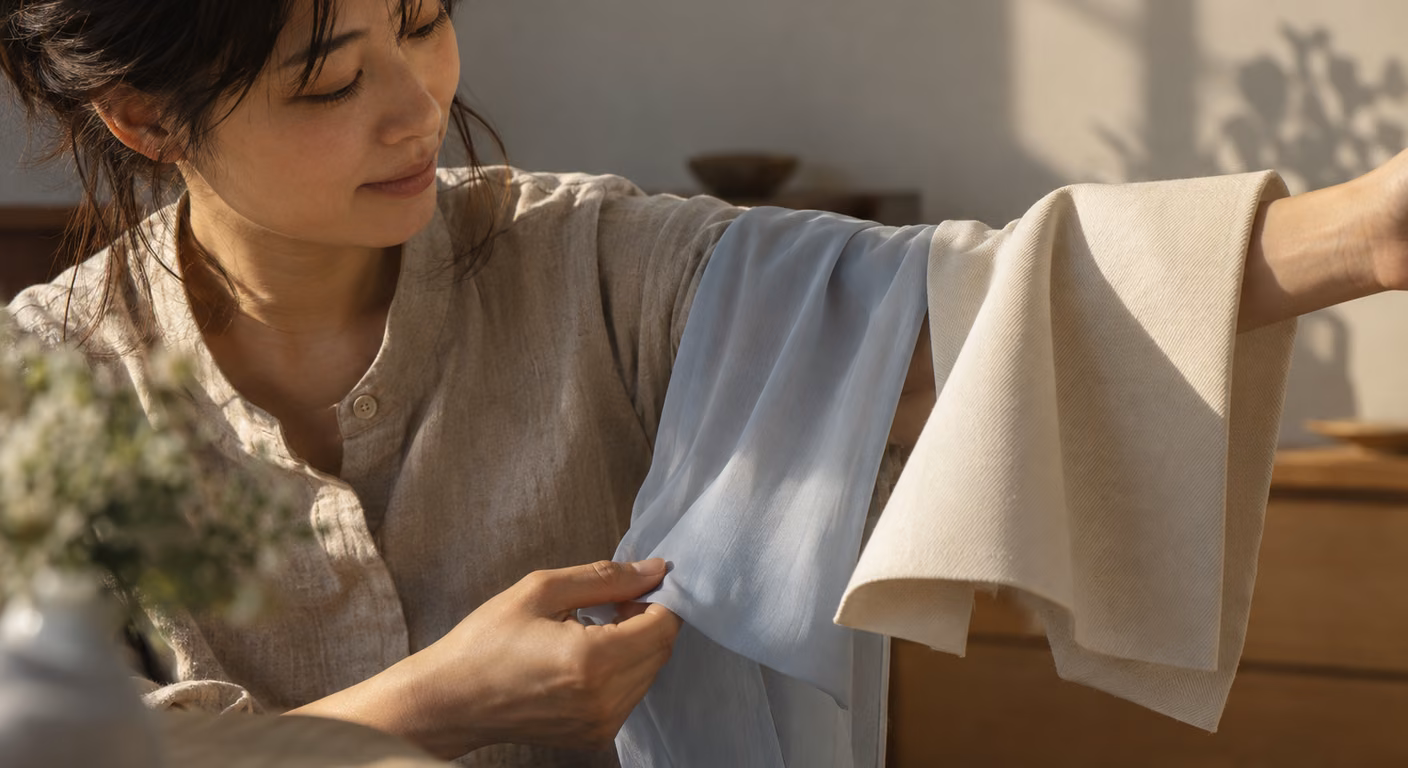腕に掛けた淡い水色の薄い布がまっすぐ落ち、隣の厚手の生成りの布が腕から斜めに張って、落ち方の差が見える