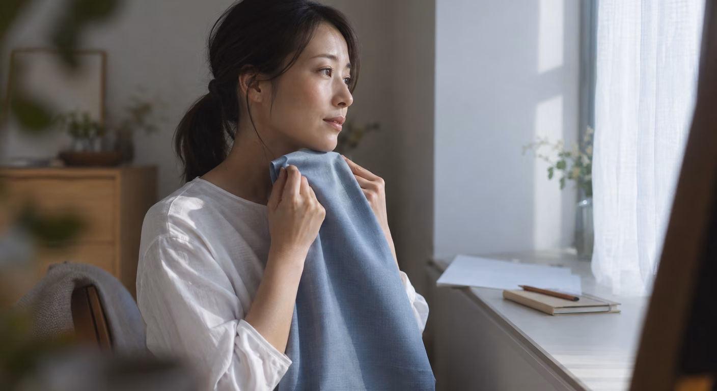 白いカーテン越しの窓際で、白い服の女性が髪を後ろにまとめ、青い布を顎の下に当てている。窓台に白い紙とノートと鉛筆