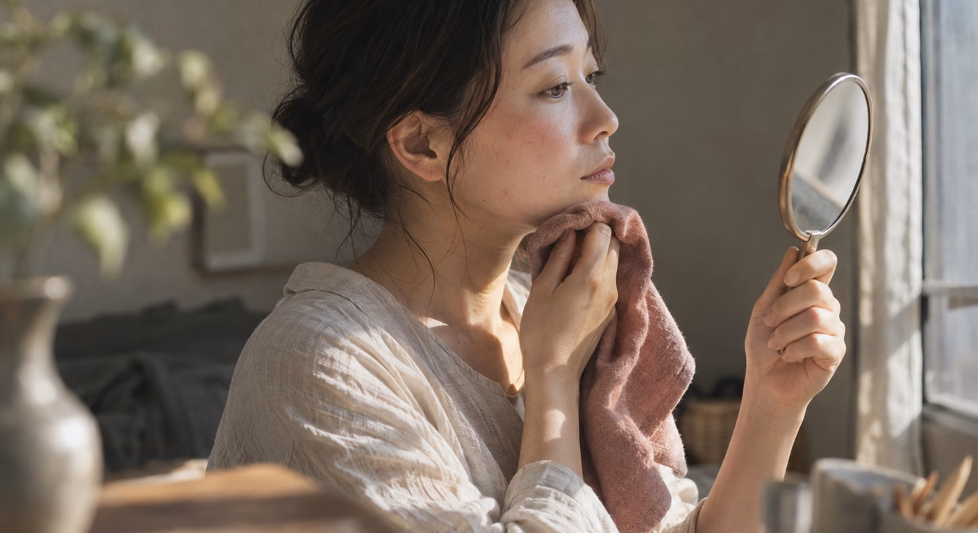 窓辺で、女性がくすんだ桃色の布をあごの下に当て、小さな手鏡で頬の色を確かめている横顔