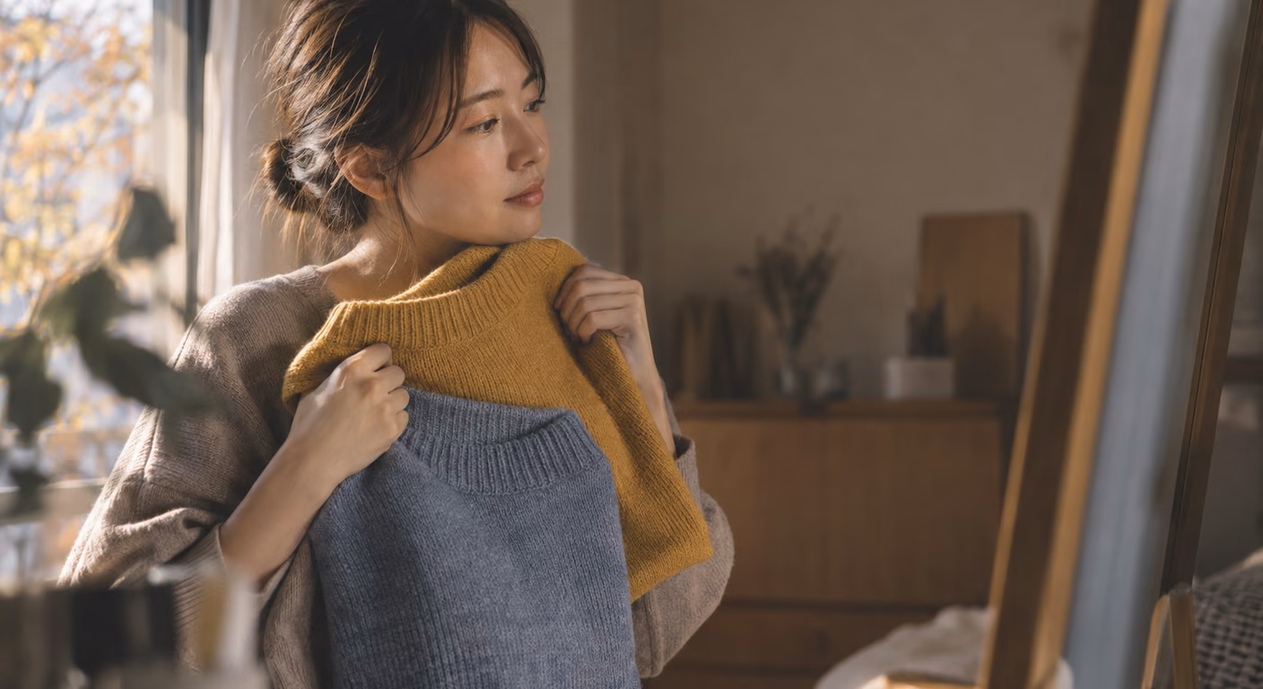 窓の光の下で、色の違う二枚のニットを顎の下に重ねて当て、鏡を見ている女性の横顔
