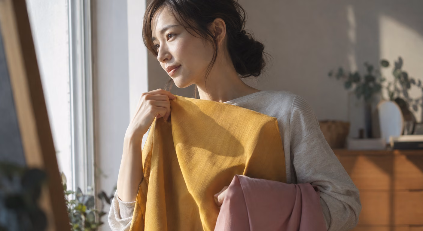 窓辺でからし色の布をあごの下に当て、もう片方の腕にピンクの布をかけて色を見比べる女性