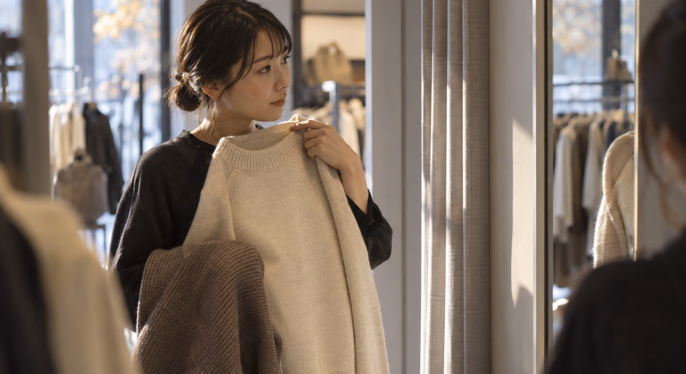 売り場の鏡の前で、生成りのニットを胸元にあて、茶色のニットを腕に掛けて見比べる女性