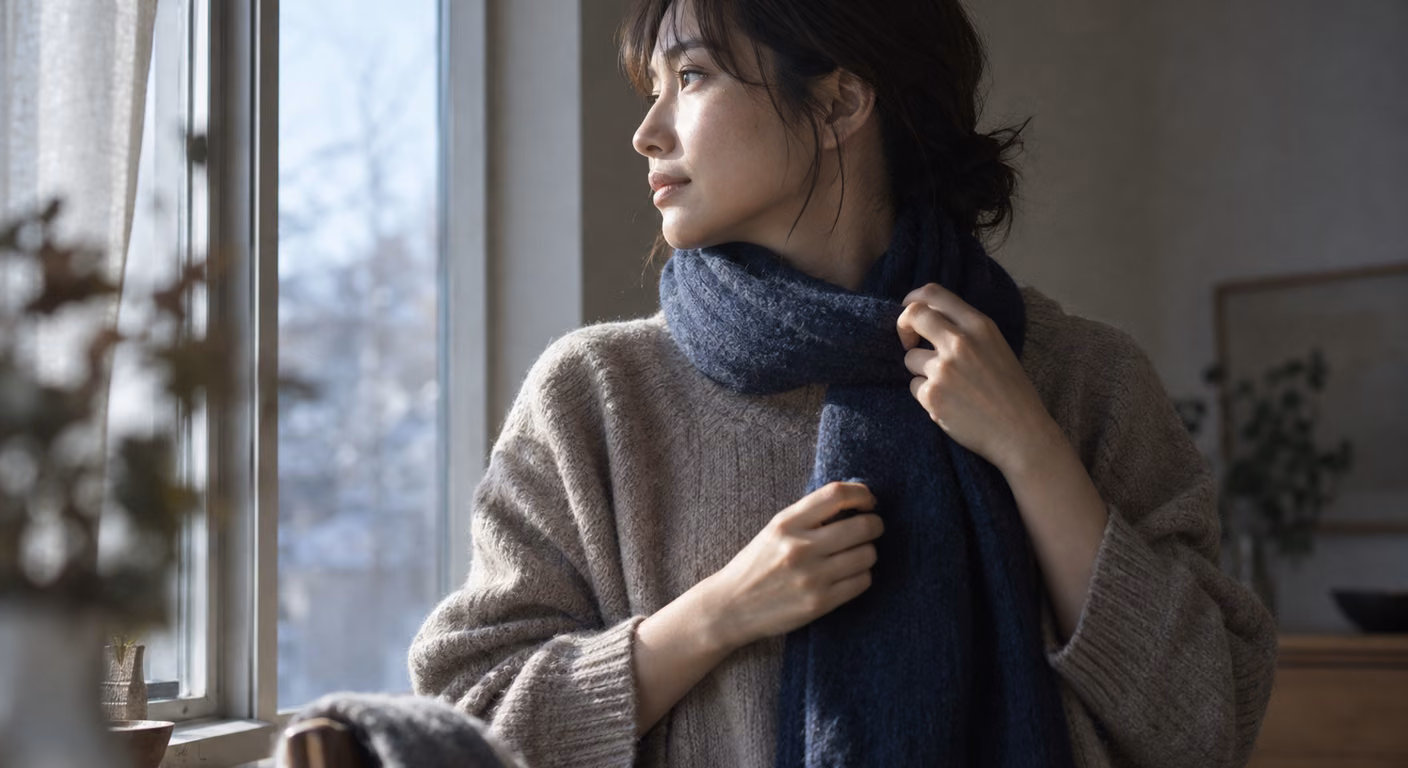 冬の朝の窓辺で、起毛した深い色のウールのマフラーを首に一周させ、端を胸の前に垂らす女性の横顔