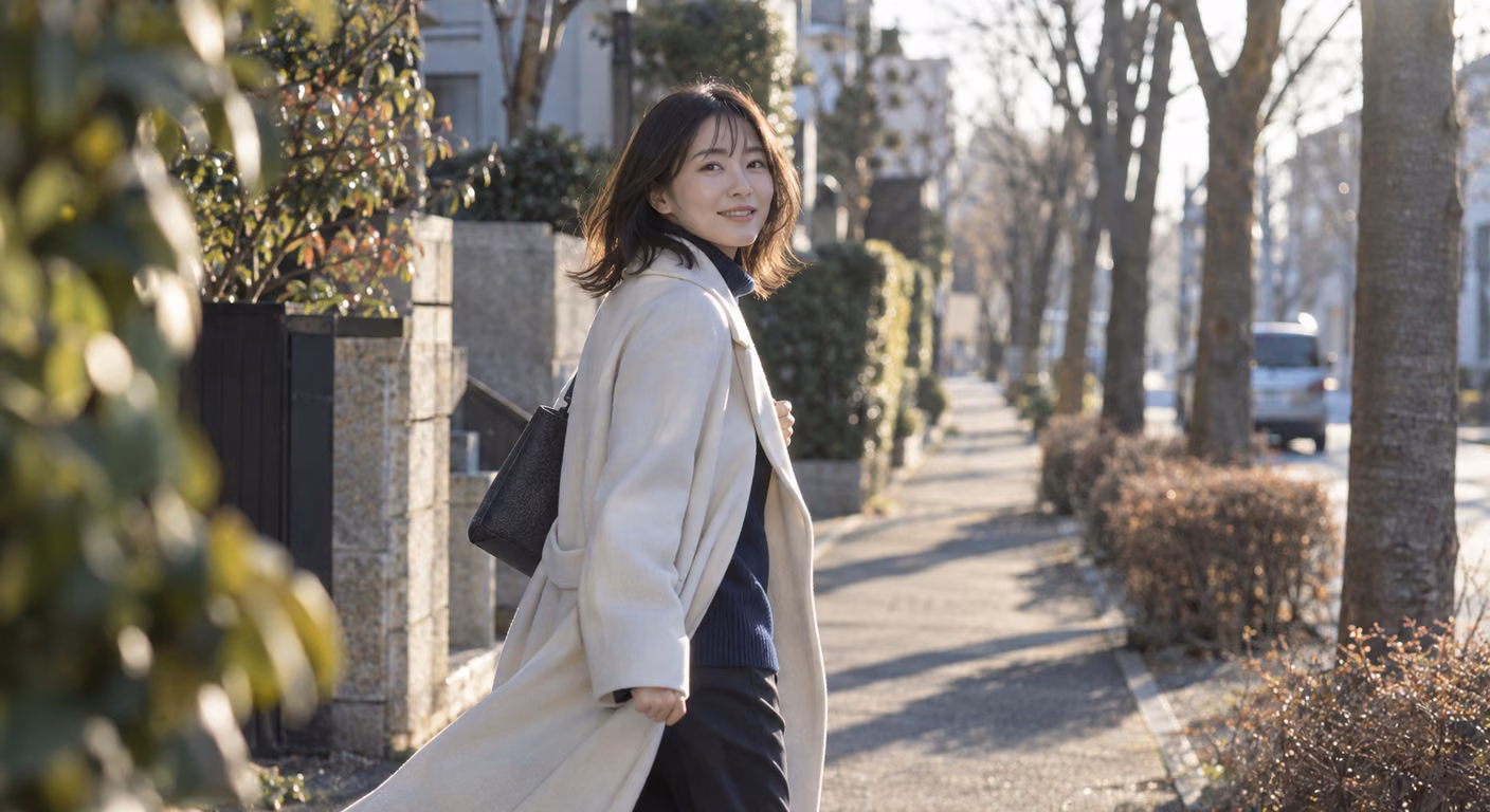 初冬の住宅街の歩道を振り返りながら歩く女性。生成りに近い白のウールコートの裾が、歩みに合わせて揺れている