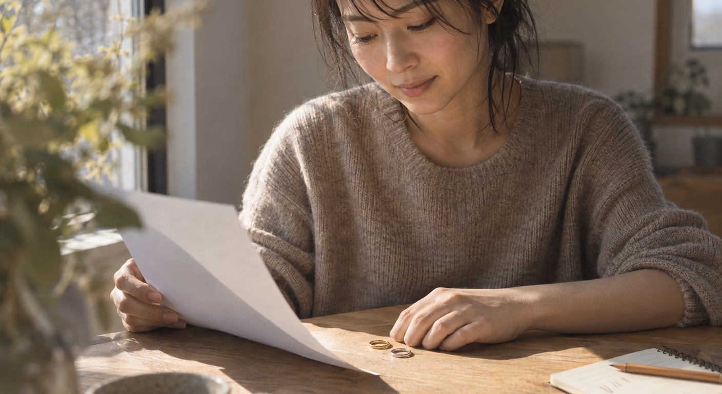 窓辺の机で白い紙を手に持ち、机の上に置いた金と銀の指輪を見比べている女性