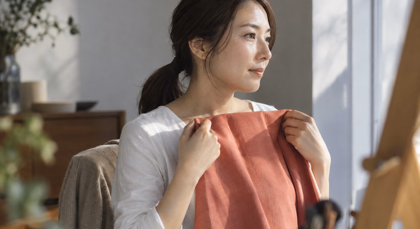 髪を後ろで低く1つに結び、首の開いた白いトップスを着た女性が、窓辺でくすんだコーラルの布を胸元に当てている。椅子の背には脱いだベージュの上着