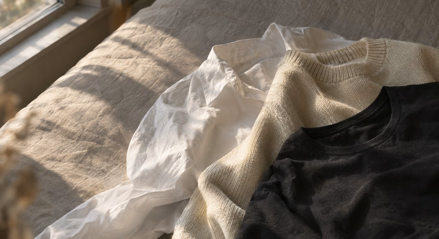 ベッドの上に、白いシャツと生成りのニットと黒いカットソーが重なって広げられ、窓からの光が片側から当たっている