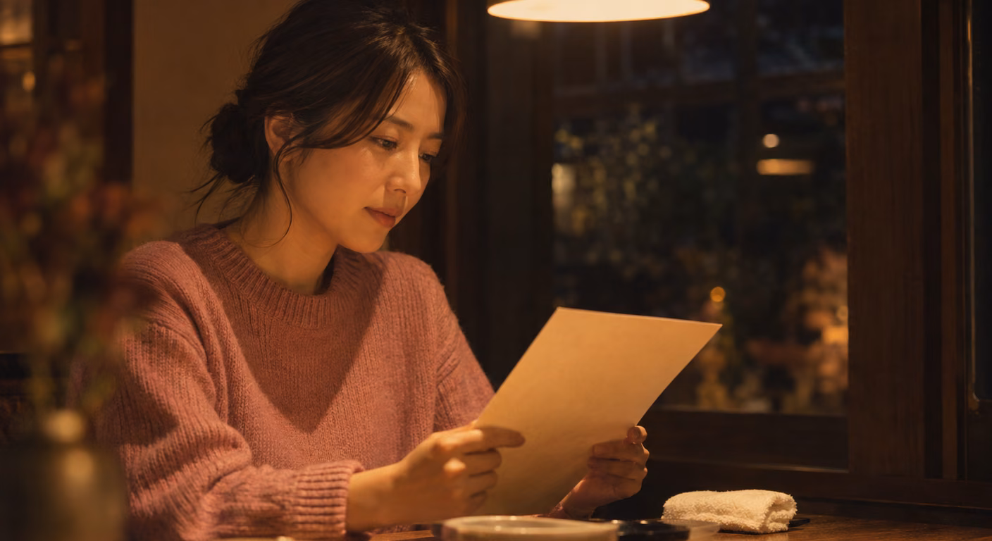電球色の明かりの店で、ローズピンクのニットを着た女性がテーブルに着き、オレンジがかって見える紙のメニューを読んでいる夜